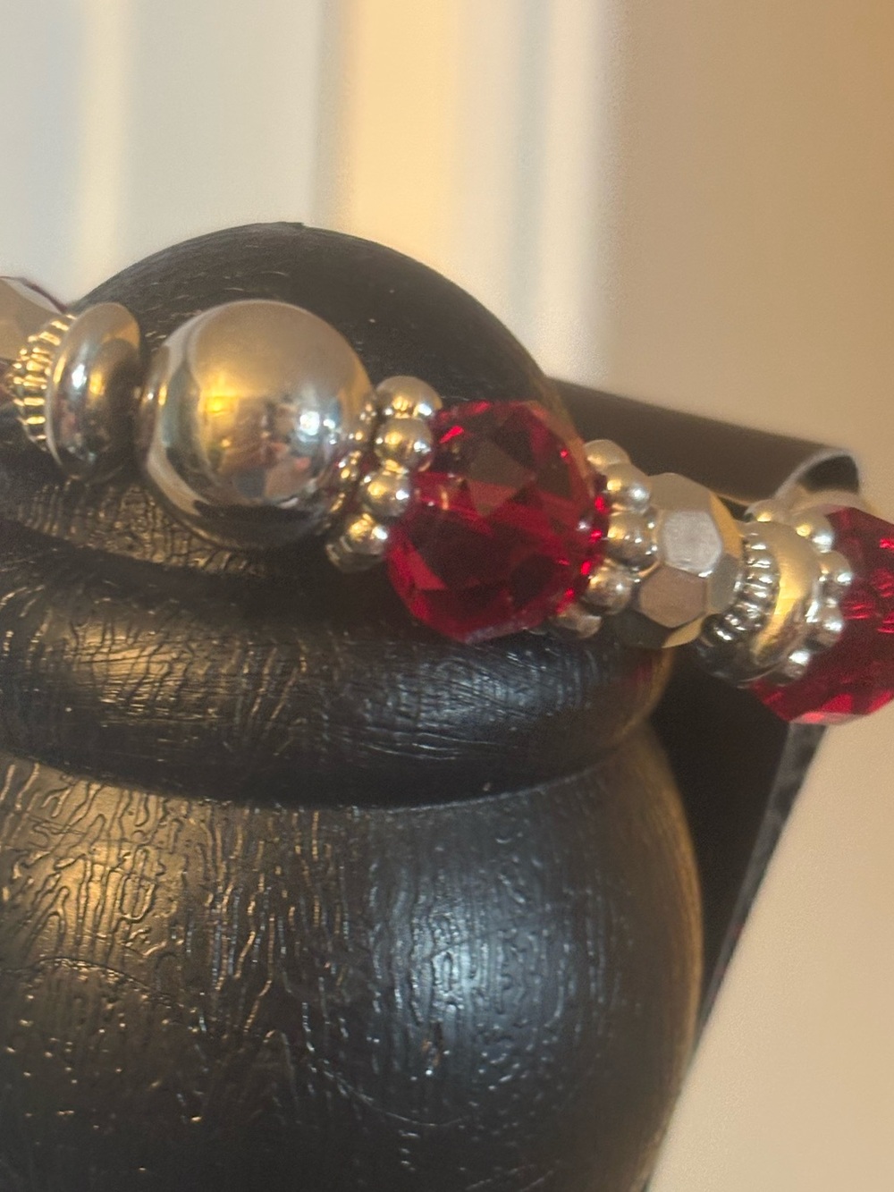 cranberry red Crystal & Silver Bead Stretch Bracelet -